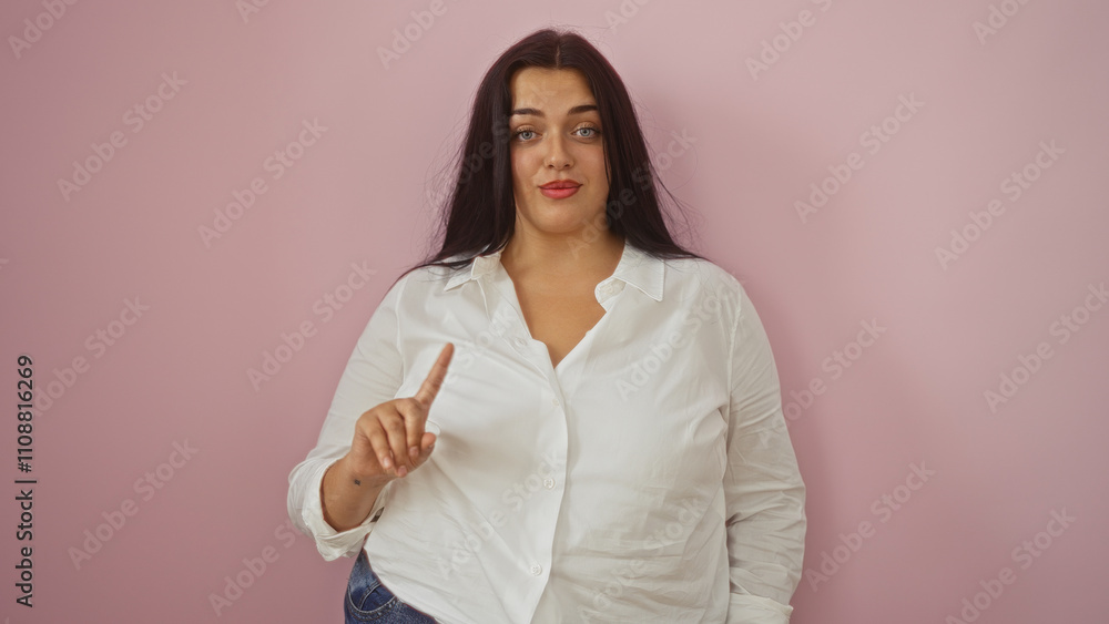 Obraz premium Young woman wearing white shirt gestures with finger up against pink background