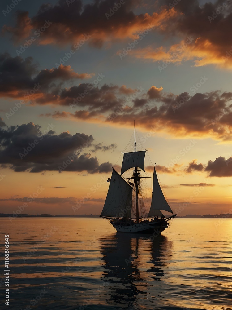 Fototapeta premium Sailing ship at sunset.