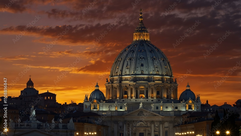 Obraz premium Saint Peter's Basilica at sunset in Vatican City.