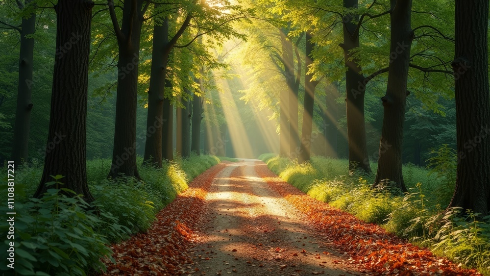 Obraz premium Peaceful forest path illuminated by dappled sunlight filtering through trees, surrounded by autumn leaves for serene ambiance