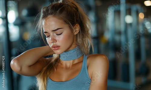 Woman experiencing neck pain after intense exercise in a gym, highlighting sports-related injuries and medical emergencies for female athletes with sore and swollen muscles