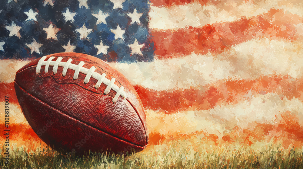 Obraz premium Patriotic Child's Football Dream: USA Flag and Sunlit Field - Oil Style