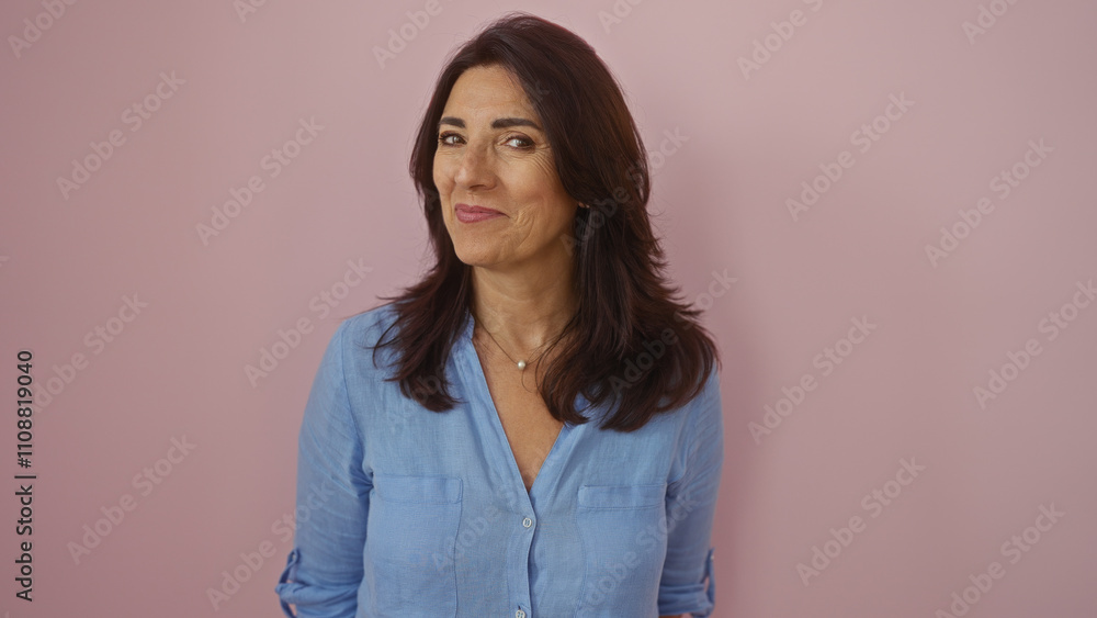 Fototapeta premium Woman smiling against pink background showcasing a middle-aged hispanic female in a blue shirt