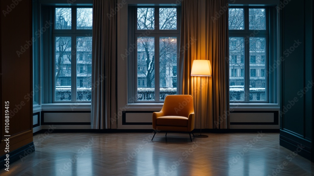 Fototapeta premium Elegant Room with Large Windows and Warm Lighting - Serene, elegant room, large windows, winter view, warm lamplight, comfortable armchair. Symbolising peace, luxury, comfort, warmth, and solitude.