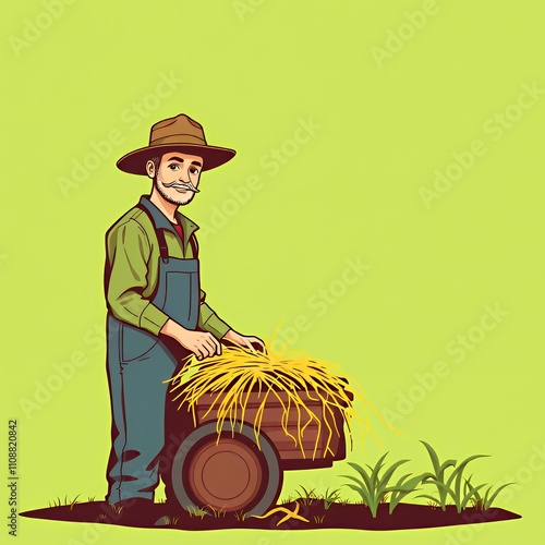  farmer with hay cart and straw bale. photo