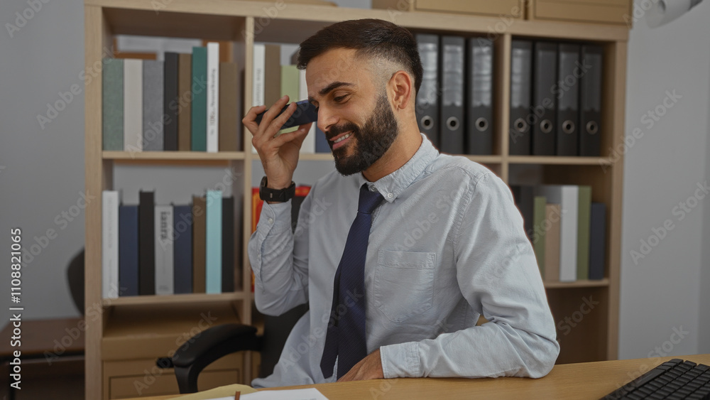 Fototapeta premium Young hispanic man with a beard listening to a voice message on his phone in an office with bookshelves and binders in the background