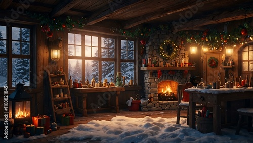 Santa's workshop in a cozy winter scene.
