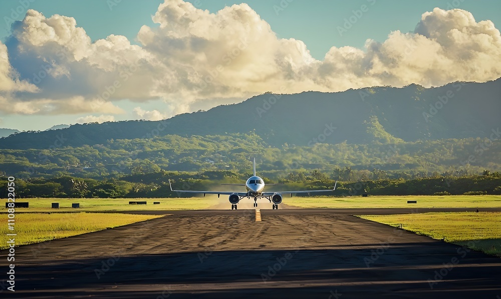 Obraz premium A private jet sits on the runway poised for takeoff sleek and modern against the backdrop of a clear sky