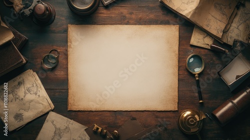 A blank detective board on a desk, surrounded by folders, a magnifying glass, and crime scene props.