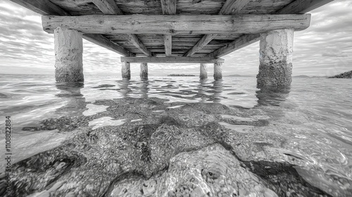 Minimalist Black   White Pier  Ocean Water  Wooden Beams  Calm Sea  Coastal Scene  Serenit photo