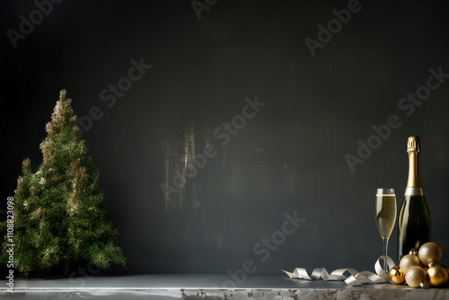 sapin de Noël, champagne et décorations dorées sur fond sombre, ambiance élégante et festive avec espace négatif copyspace., Noël, nouvel an, fêtes de fin d'année, décembre photo