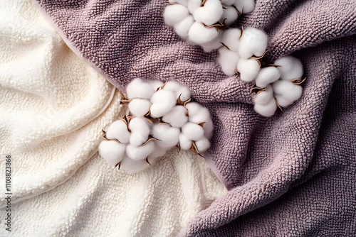 Towels and organic beautiful cotton flowers background in neurtal colors top view. Fabric bathroom accessory for hygiene, spa and skin care. photo