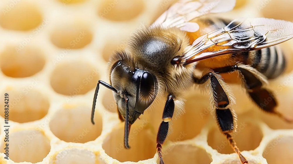 Honeybee on Honeycomb Close Up Macro Photography of Insect Honeybee on Honeycomb Close Up Macro Photography of Insect