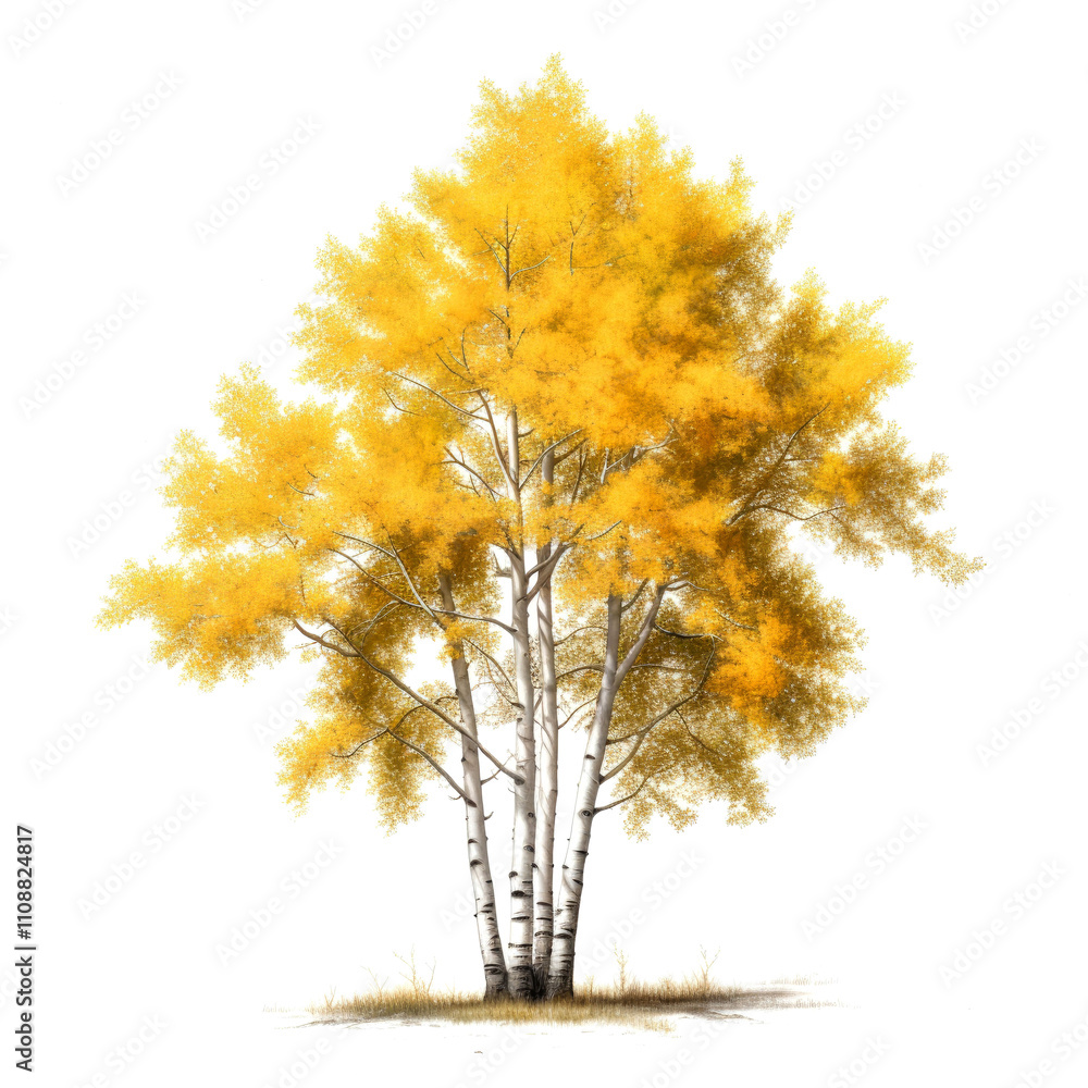 Fototapeta premium Golden autumn birch tree isolated on white.