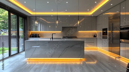 Futuristic modern kitchen highgloss white cabinets a large center island with a waterfall quartz countertop and builtin smart appliances LED strip lighting highlights the sleek seamless design photo