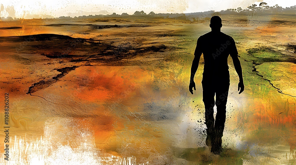 Fototapeta premium Silhouette of a man hiking in the mountains, overlaid with an image of the great outdoors, symbolizing exploration and nature.[men’s]:[lifestyle] 