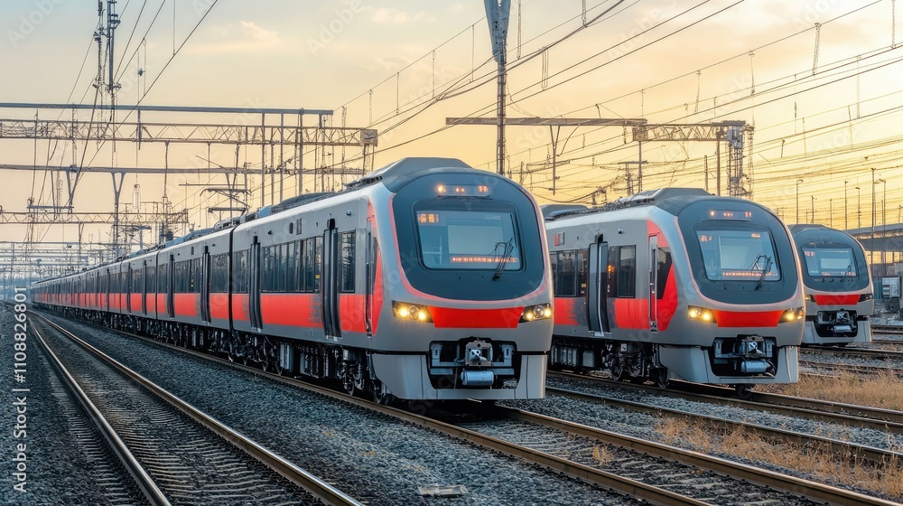 Fototapeta premium Sleek EMU Trains Under Sunset Sky