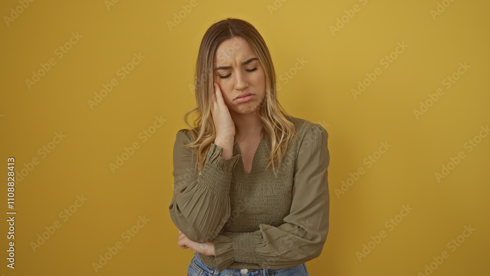A young, attractive blonde woman stands isolated against a yellow wall looking sad. A young, attractive blonde woman stands isolated against a yellow wall looking sad.