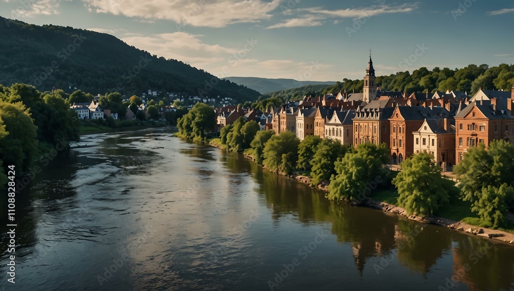 Fototapeta premium Scenic river with a historic town in the background.