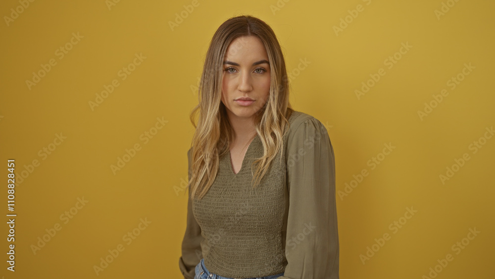 Obraz premium A young, attractive blonde woman stands against an isolated yellow background wall, showcasing a serene and confident expression.