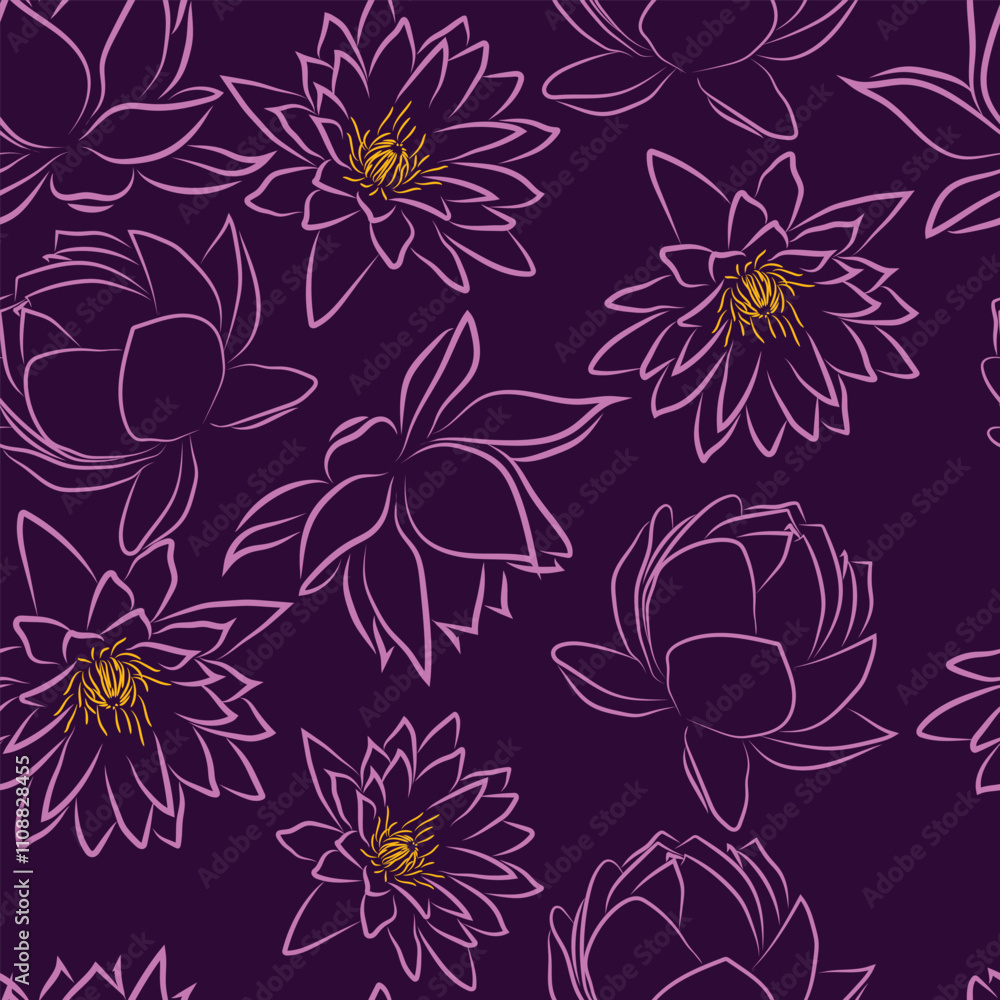 Fototapeta premium Lotus stylized floral pattern,Vector lotus seamless pattern background wallpaper,scrapbooking,fabric,textile and wrapping paper.Line exotic lotus flowers illustration natural ornament. Asian lotus