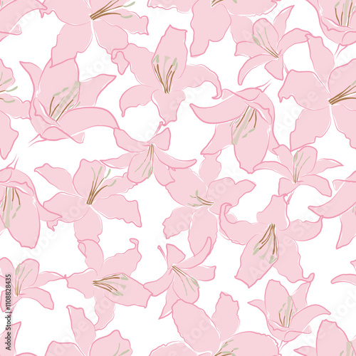 Lily Floral pattern, Vector seamless floral hand drawn pattern for fabric with lilies perfect for spring summer, white background