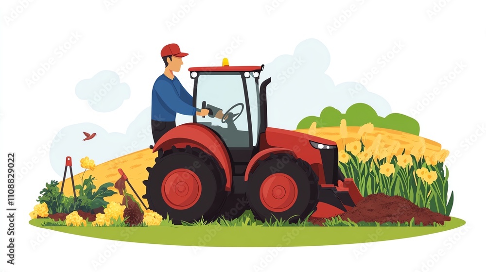 Obraz premium Illustration of a farmer operating a red tractor in a field.