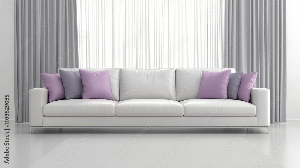 Fototapeta premium Modern White Sofa with Purple Pillows