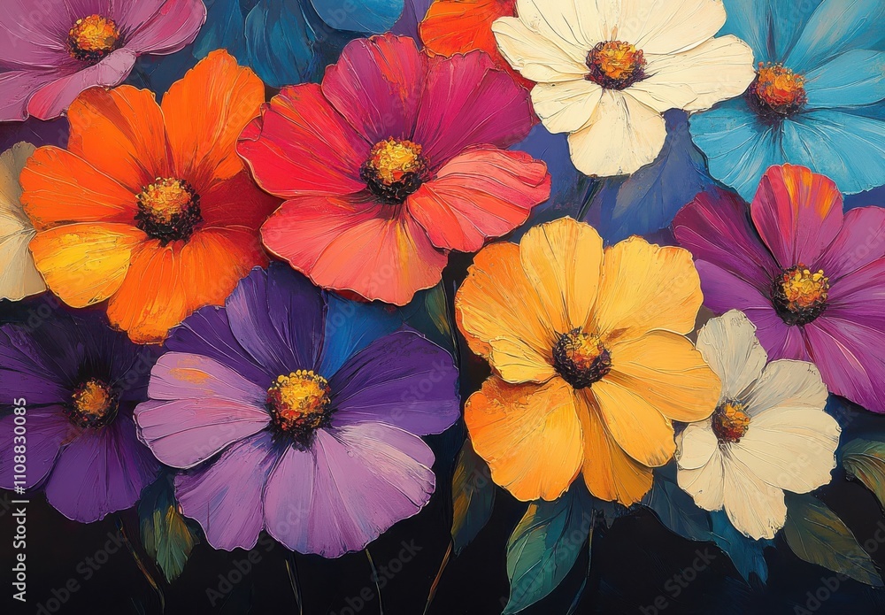 Obraz premium Vibrant Floral Composition Featuring Colorful Blooms in Shades of Orange, Pink, Yellow, and Purple with Rich Textures Set Against a Dark Background