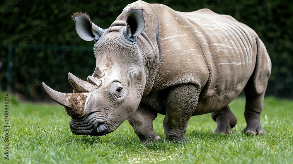 Obraz premium Majestic White Rhino Grazing on Lush Green Grassland