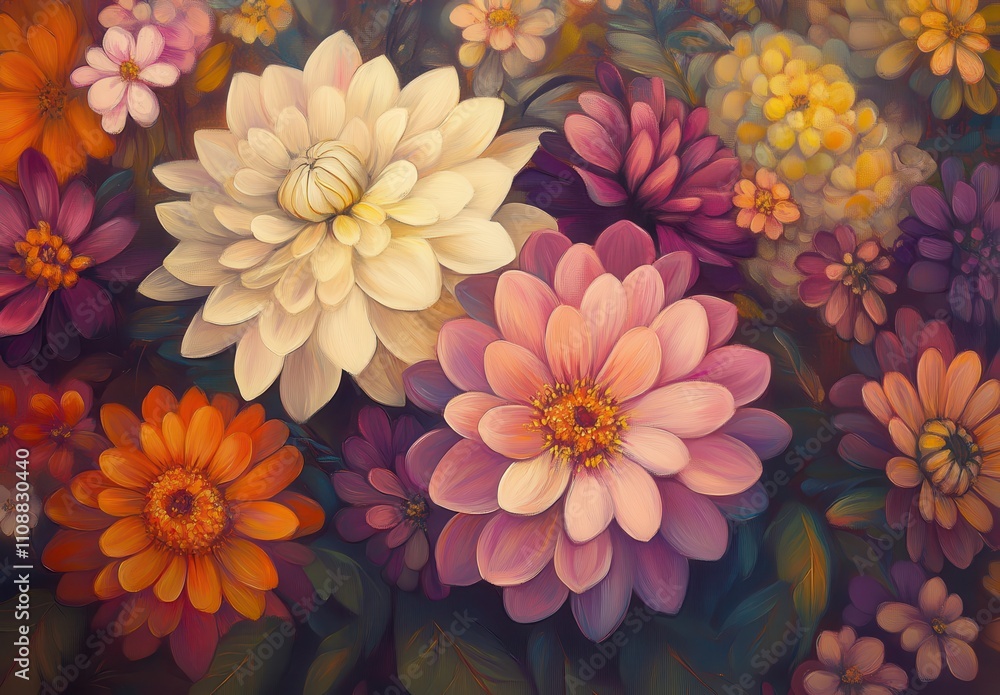 Obraz premium Vibrant Floral Composition Featuring Colorful Flowers in Various Shades and Textures, Creating a Lush and Engaging Botanical Scene