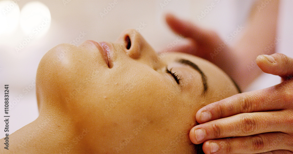 Naklejka premium Girl, therapist hands and head massage in spa for relax, sleeping or skincare treatment at luxury hotel. Peace, client closeup or masseuse in resort for tension relief, stress management or self care