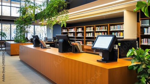 Modern Library Interior Featuring a Spacious Reception Area with Greenery, Shelving Units, and Digital Checkout Stations for a Welcoming Reading Environment