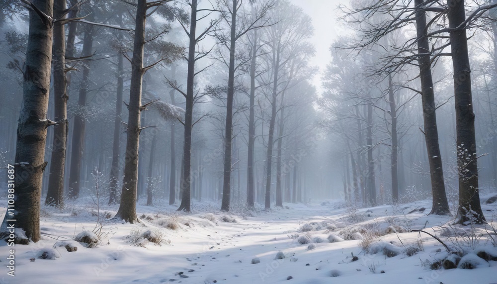 Fototapeta premium Snowflakes gently falling on a serene winter forest landscape, snowy woods, calm and quiet , snow covered ground