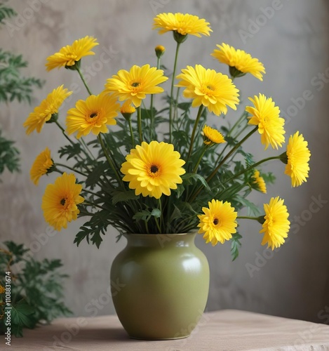 Wallpaper Mural Soft focus of a group of yellow chrysanthemum flowers arranged in a vase with branches and greenery , still life photography, greenery Torontodigital.ca