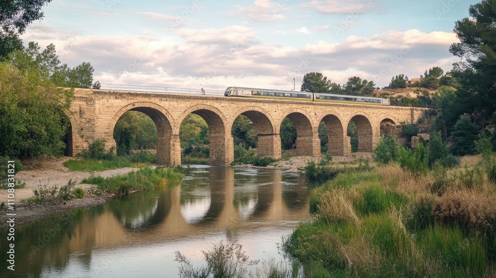 Fototapeta premium Ancient Stone Train Crossing Over River Landscape