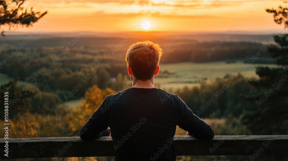 Fototapeta premium Young man enjoying a serene sunset view overlooking an expansive landscape with trees and fields, capturing a moment of tranquility and reflection in nature.