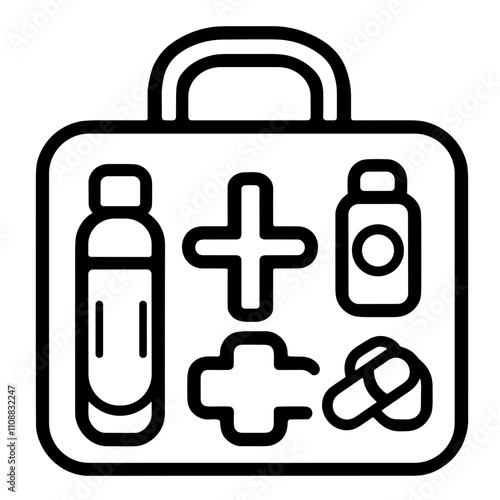 Medical First Aid Kit Line Drawing with Essential Supplies for Emergency Care