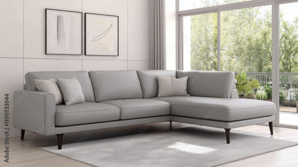 Fototapeta premium Modern Grey Leather Sectional Sofa
