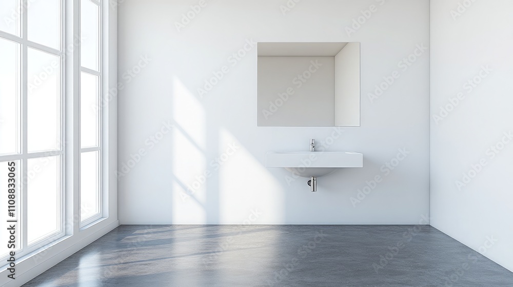 Fototapeta premium Minimalist Interior Design with Modern Sink and Bright Natural Light Streaming Through Large Windows in a Spacious Room