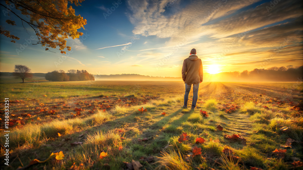 Fototapeta premium Photorealistic Person Watching Shadow Stretch Across Field in Golden Hour, Serene Landscape
