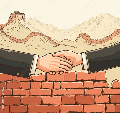 Hands in suits reaching out to connect over a brick wall with mountains and the Great Wall in the background, emphasizing collaboration