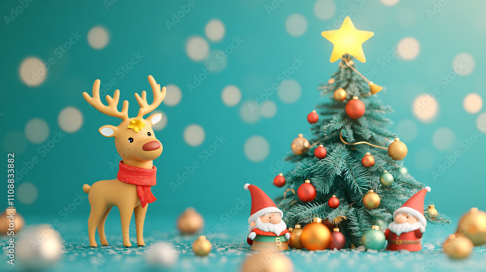 merry christmas, Festive Reindeer, gnomes and Christmas Tree A playful 3D scene with a cheerful reindeer wearing a red scarf ,Generative ai merry christmas, Festive Reindeer, gnomes and Christmas Tree A playful 3D scene with a cheerful reindeer wearing a red scarf ,Generative ai