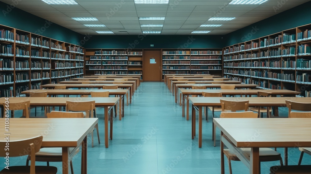Spacious library interior with rows of wooden tables and book-filled shelves, ideal for studying and research in a peaceful environment Spacious library interior with rows of wooden tables and book-filled shelves, ideal for studying and research in a peaceful environment