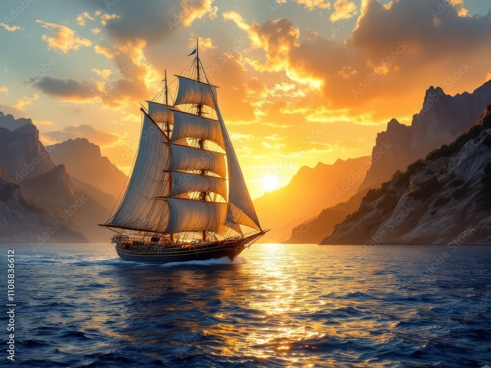 Obraz premium Luxury Mediterranean sailboat sunset cruise.