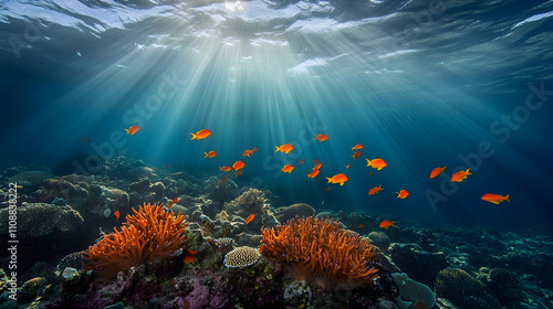 Wallpaper Mural Sunbeams illuminate vibrant coral reef and orange fish underwater. Torontodigital.ca