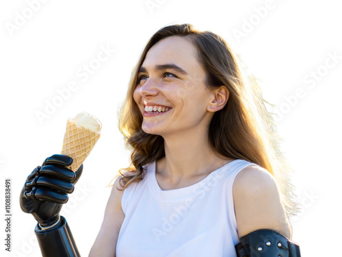 Portrait of beautiful young woman smiling, holding ice cream with prosthetic hand, artificial body parts, transparent background
