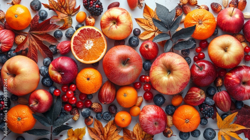 Autumn harvest Apples, oranges, berries, and leaves arranged on a white background. Autumn harvest Apples, oranges, berries, and leaves arranged on a white background.