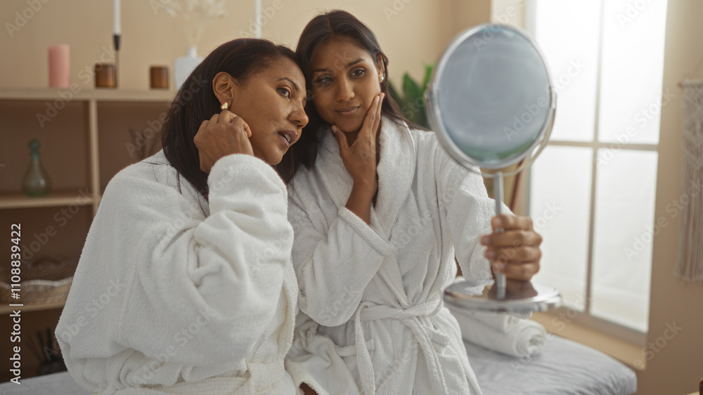 Obraz premium Mother and daughter in white bathrobes sharing a bonding moment while looking into a mirror in a cozy spa setting indoors