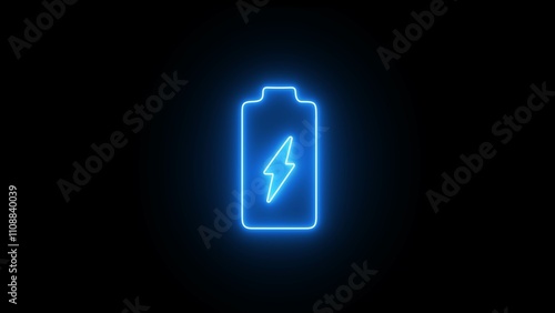 Neon battery fast charging illustration. Shiny flash illustration battery icon on black background.